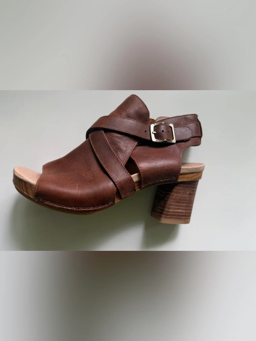 Dansko Arlene Leather Boho Peep Toe Heel Tan Block Heel Sandals Womens Sz 39